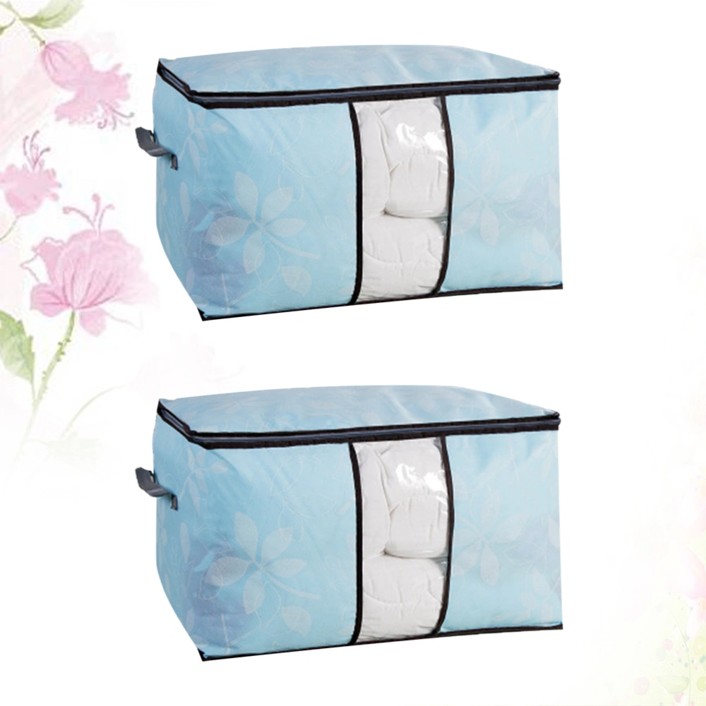 2PCS Nonwoven Quilt Storage Bags Leaves Pattern Transparent Window Blanket Organizer Boxes Clothing Quilt Storage Bags (Blue)