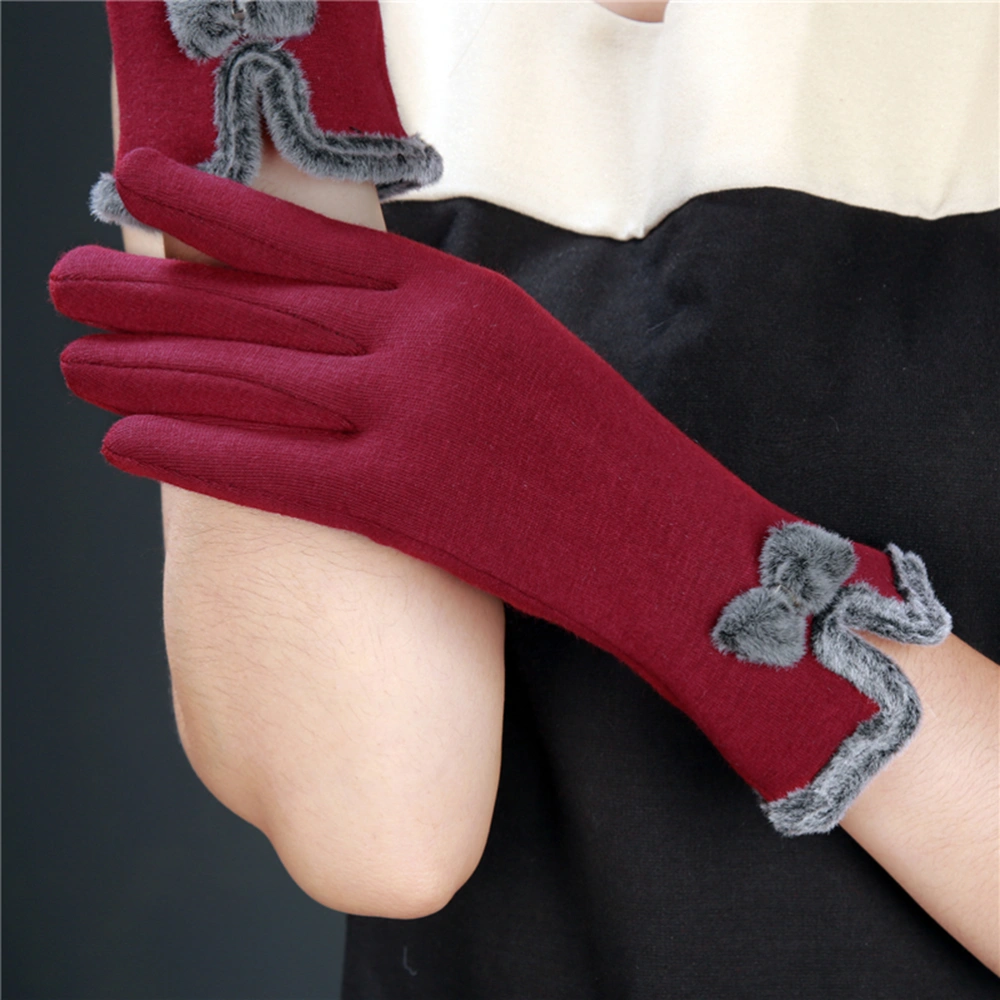 1 Pair Bowknot Design Autumn Winter Thicken Warm Gloves Fashion Women Touch Screen Gloves (Claret)