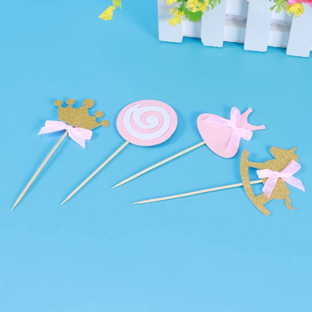 12Pcs Crown Lollipop Cake Toppers Glitter Dress Hobbyhorse Cake Fruit Picks Dessert Table Decorative Supplies