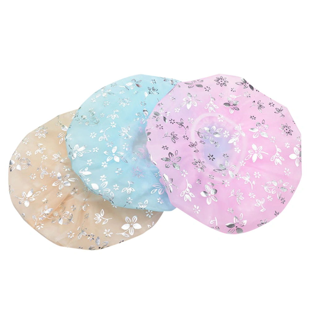 3PCS Thickened Gilding Pattern Shower Caps Elastic Waterproof Plastic Bathing Hair for Lady Girl Women Blue Pink Beige