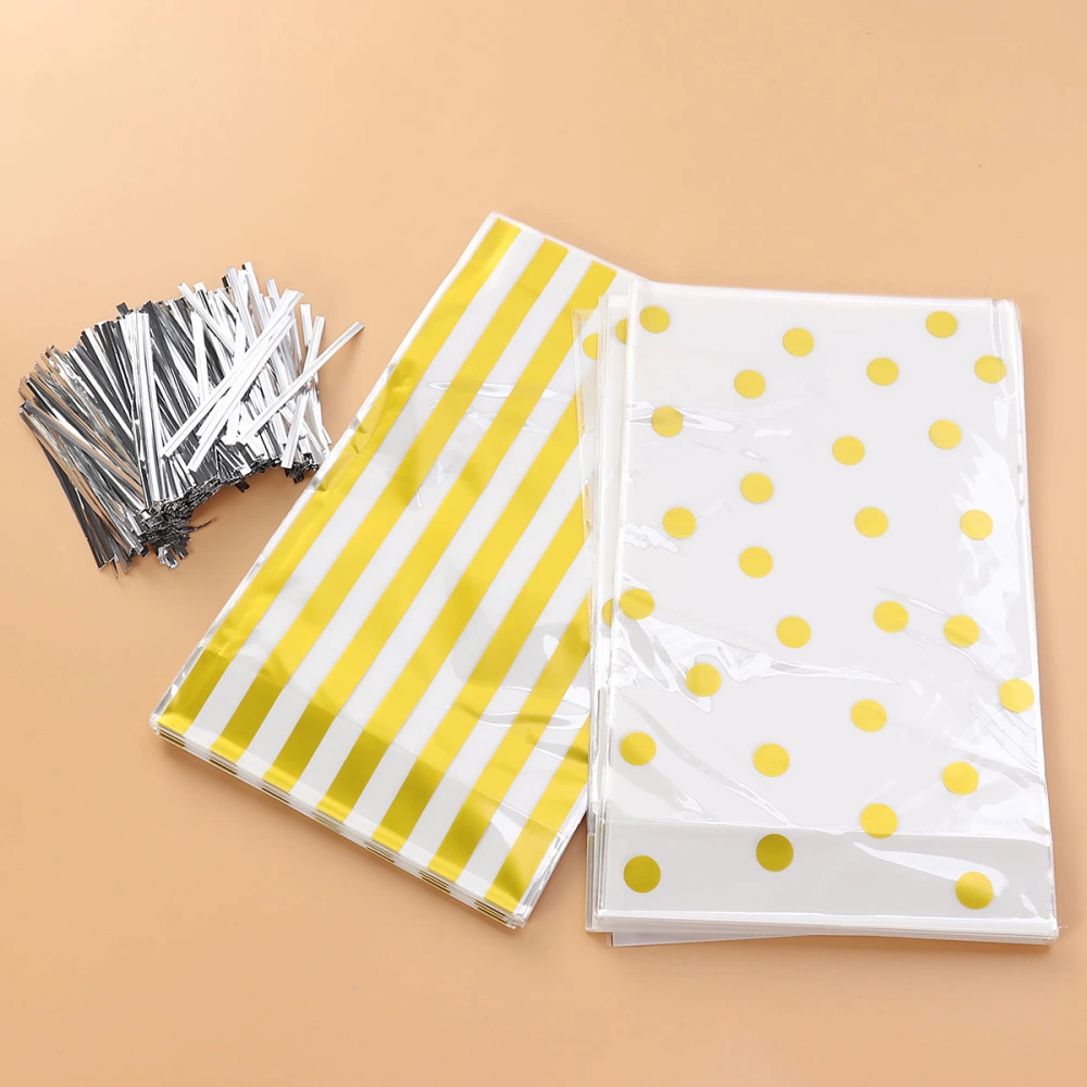 100pcs Stripe Wave Point Packing Bag Creative Beautiful Gilding Plain End Packing Bag with Binding Wire for Gift Candy Cookie (Wave Point Pattern 50pcs, Fringe Pattern 50pcs)