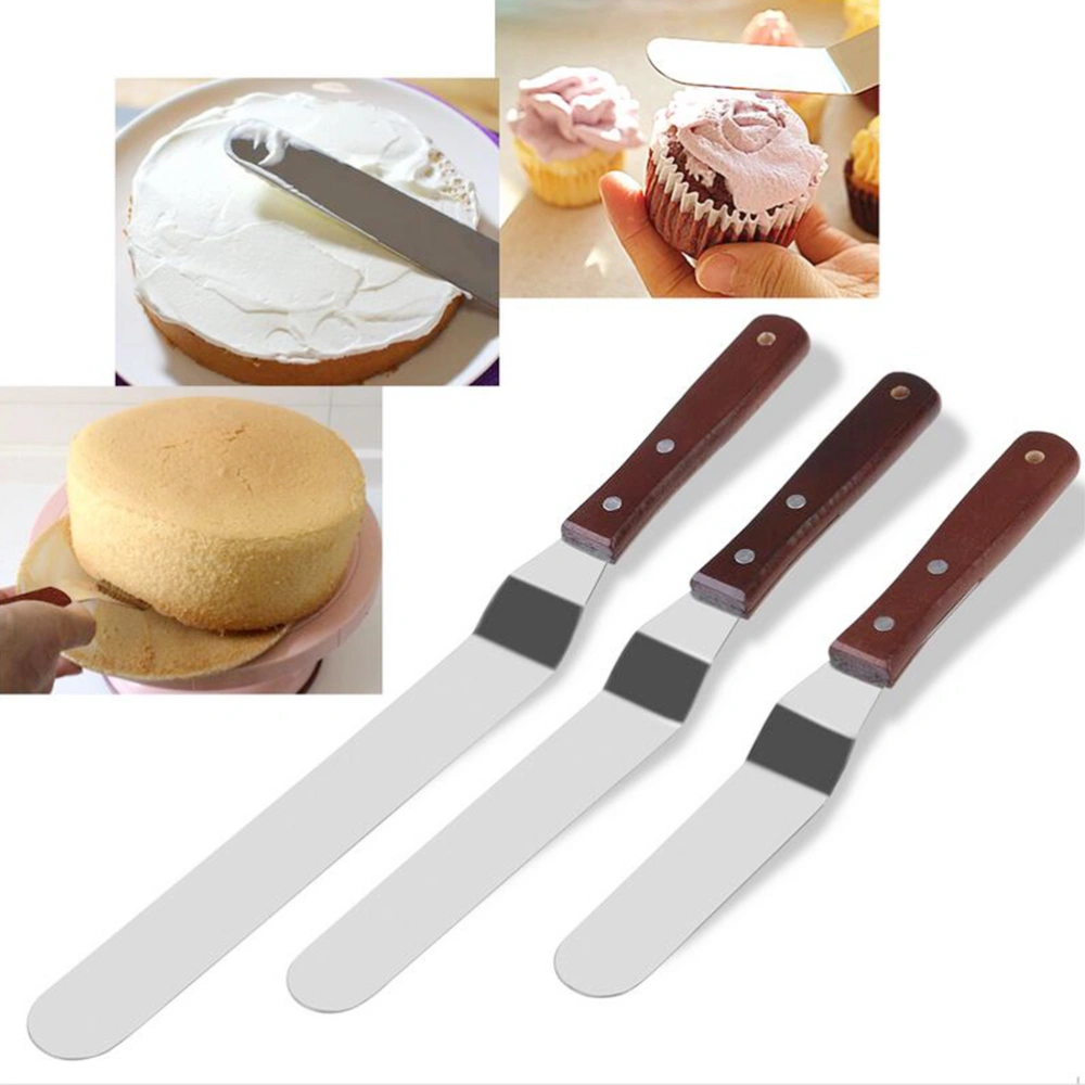 3Pcs Wooden Handle Spatulas Stainless Steel Baking Spatulas Cream Cake Spatulas Cake Decorating Spatulas Pizza Scrapers (6 Inches 8 Inches 10 Inches 1 Each)