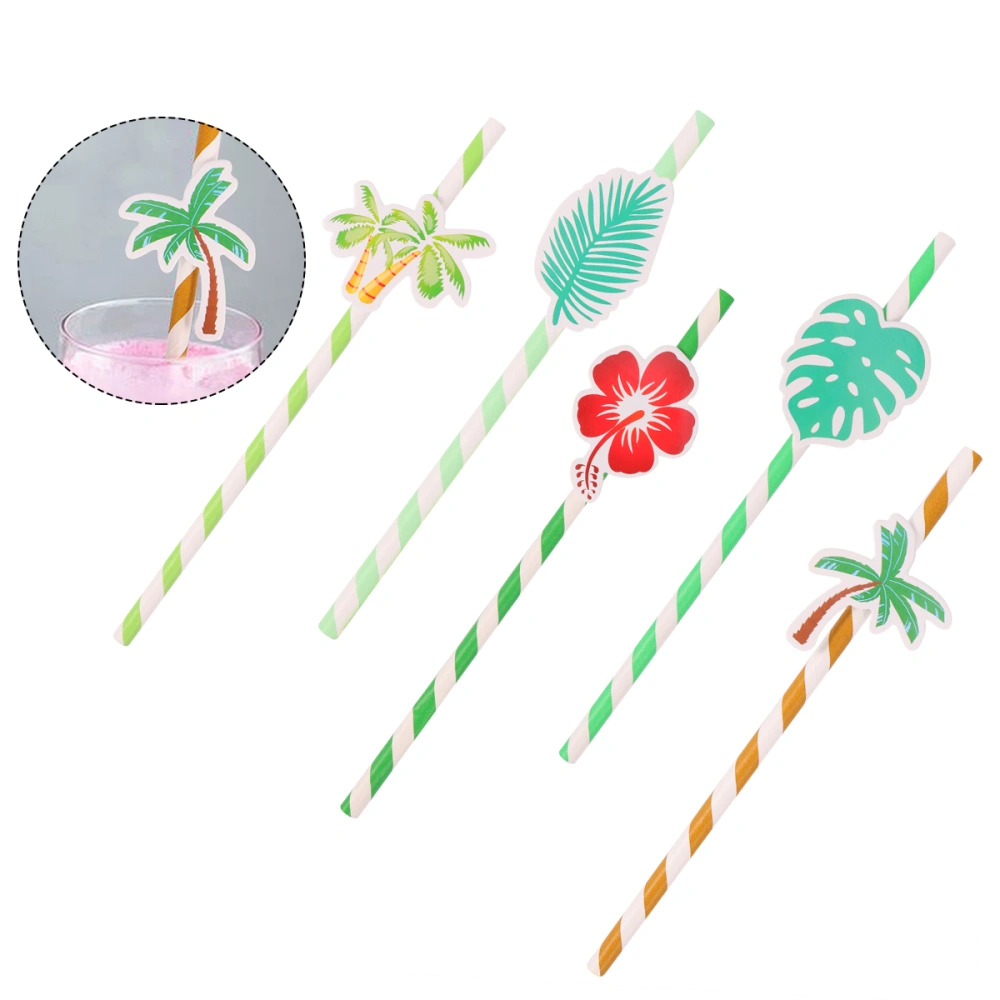 50 Pcs Hawaii Plants Animal Cards Paper Straws Colorful Printing Theme Party Drinking Straws Party Supplies (Double Tree, Coconut Tree, Flower, Stripe Leaf, Large Leaf Style)