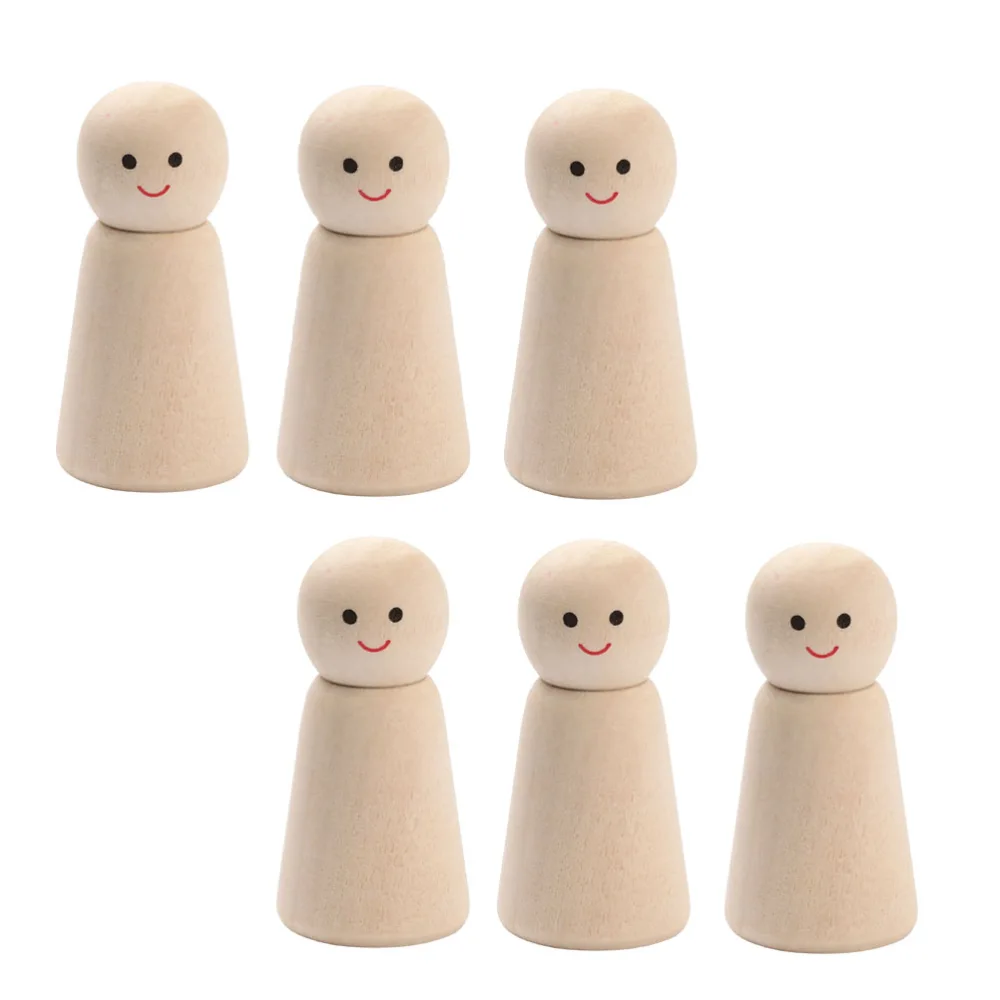 6pcs Smiling Wooden Peg Doll Unpainted Smiling Face Wood Doll Graffiti Adornment