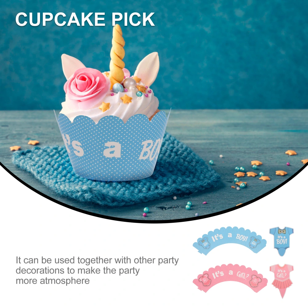 24pcs Gender Reveal Party Cake Toppers Dessert Picks and 24pcs Cupcake Wrappers