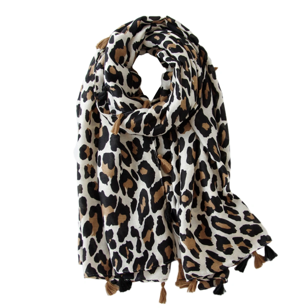 Women Long Style Scarf Dual Cotton Shawl Gift Leopard Scarf Beige