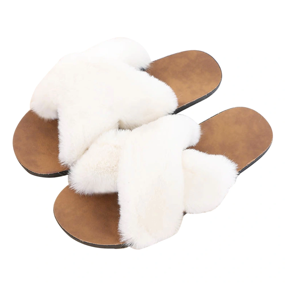 Cross Band Design Plush Slippers Casual Flat Shoes Outdoor Slippers for Winter Autumn - Size 38 (White)