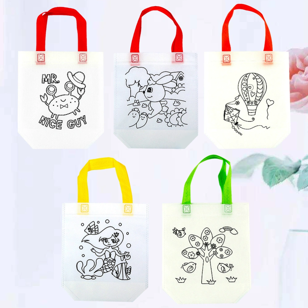 10pcs DIY Graffiti Tote Drawing Handbag Reusable Non-Woven Coloring Candy Bags for Kids Children (Crab Tree Small Tree Hot Air Balloon Bunny Mermaid for Random Pattern The Handle Color for Random)