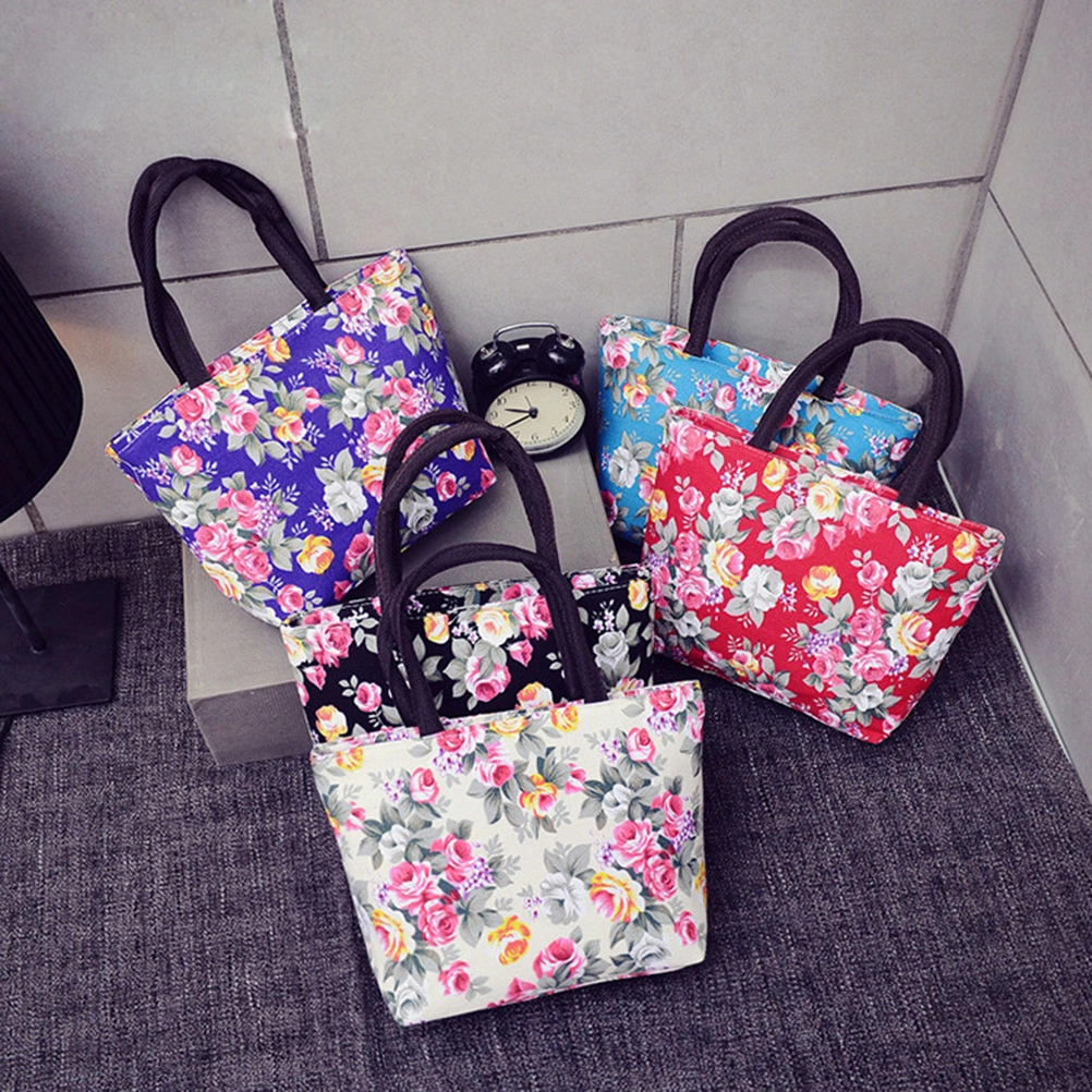Women Girls Flower Shoulder Bag Casual Canvas Handbag Tote Bag (Red)