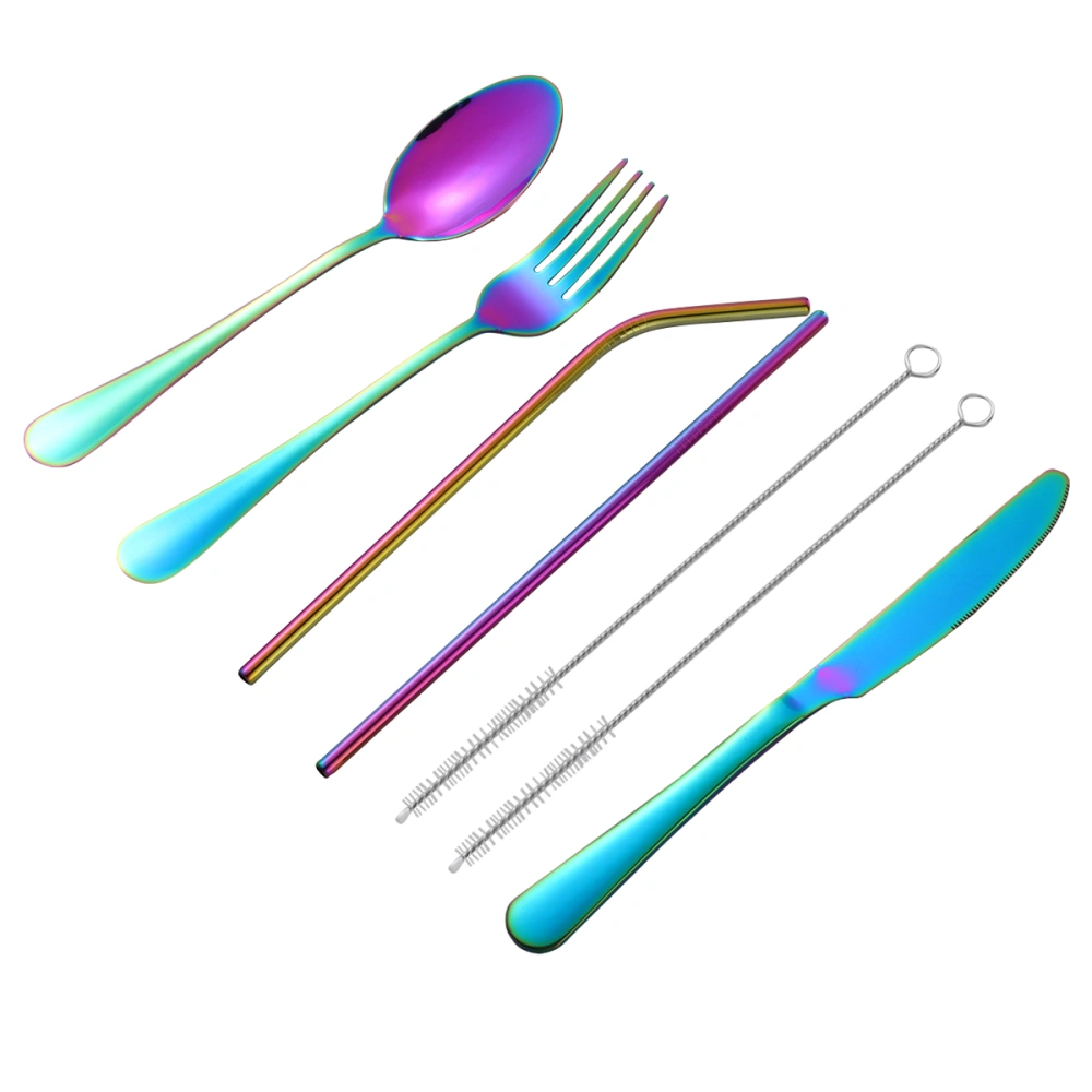 1 Set of 6PCS Stainless Steel Tableware Set Drinking Straw Cutter Fork Spoon Set Anti-rust Tableware Set for Home Store Use Color Intrigue