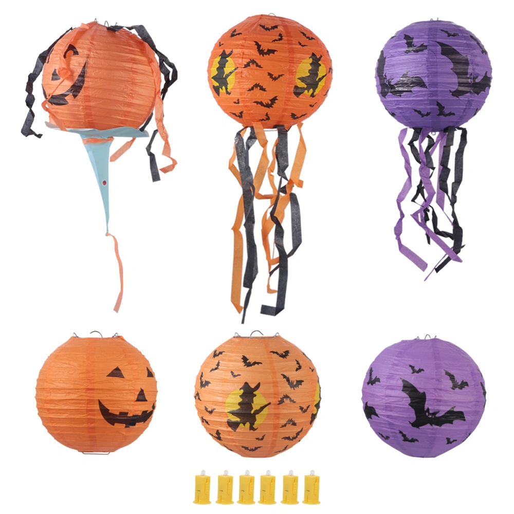 6PCS Halloween Lanterns Round Folding Paper Lanterns Performance Props with 6 LEDs(Random Light Color)