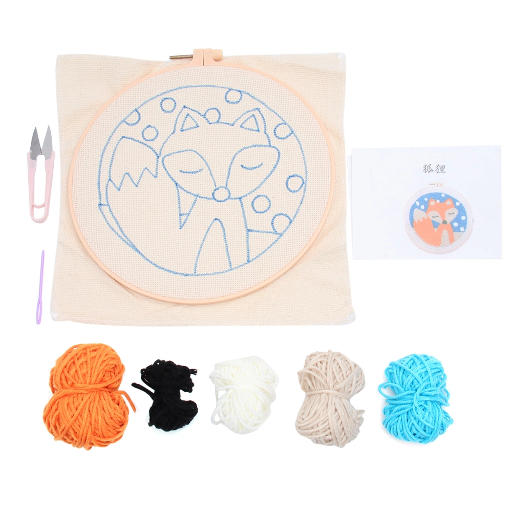 24cm Round Embroidery Base DIY Punch Embroidery Set Cloth Scissor Wools Thread Accessories Embroidery Art Carft for Kids Home (Cartoon Style Pattern)