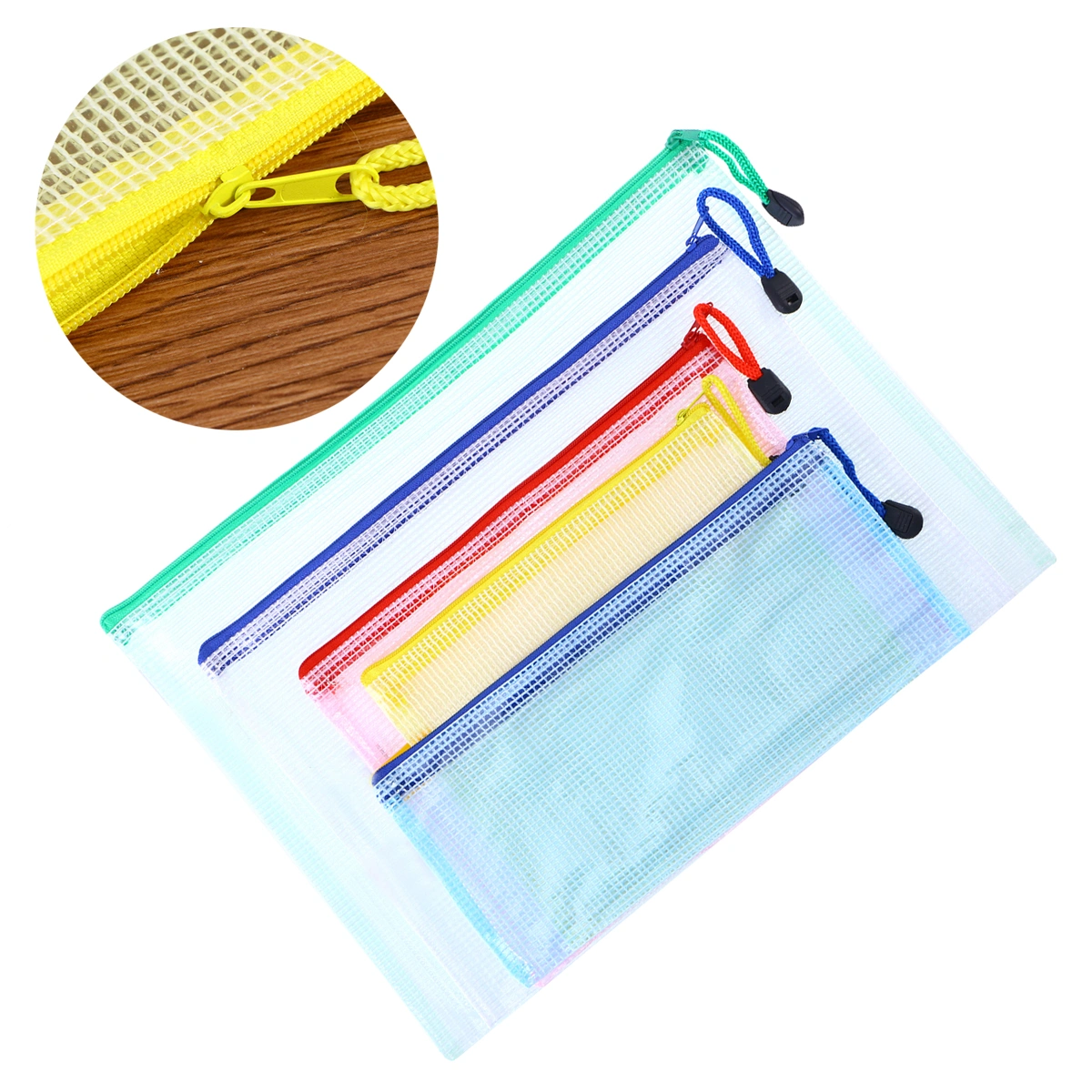 5pcs File Pockets PVC Plastic Grid Zipper File Bags Documents Organizer Pouch (A4 + B5 + A5 + A6 + B6, Mixed Colors)