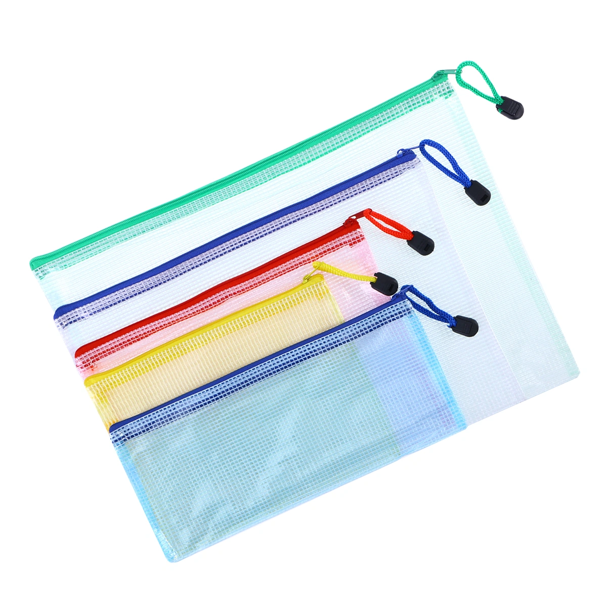 5pcs File Pockets PVC Plastic Grid Zipper File Bags Documents Organizer Pouch (A4 + B5 + A5 + A6 + B6, Mixed Colors)