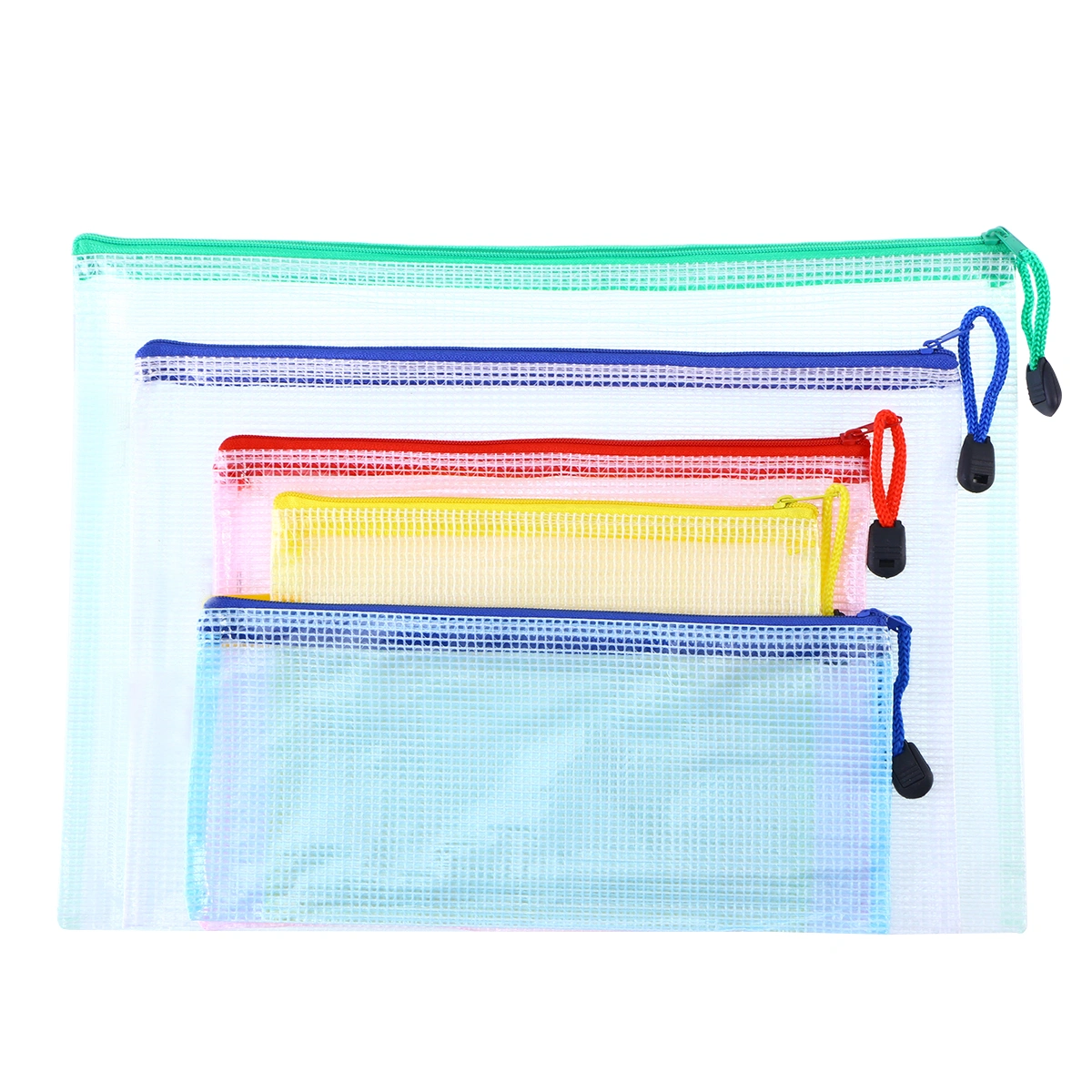 5pcs File Pockets PVC Plastic Grid Zipper File Bags Documents Organizer Pouch (A4 + B5 + A5 + A6 + B6, Mixed Colors)