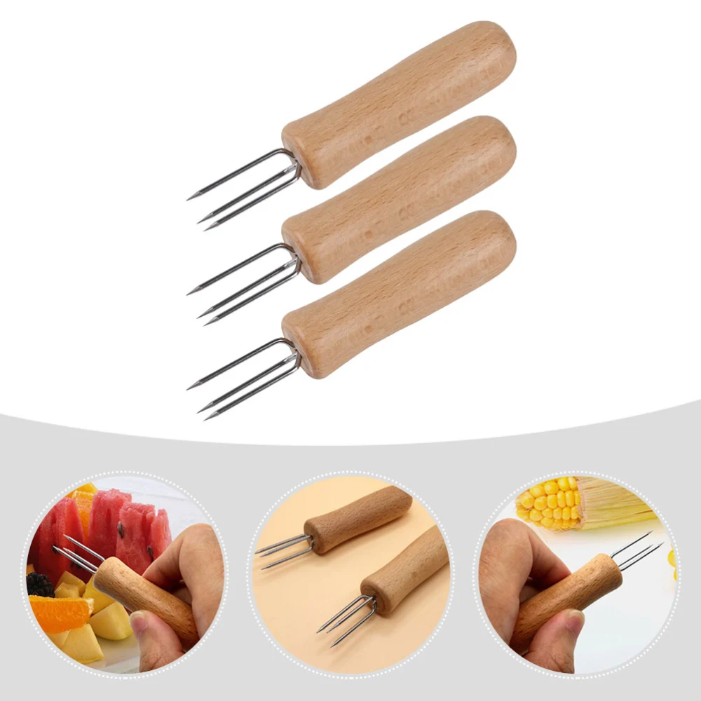 3pcs Stainless Steel Forks Wood Handle Fruit Picks Corn Forks Kitchen Supply