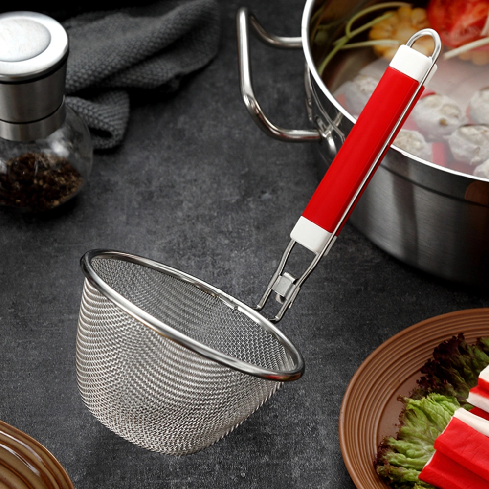 1pc Stainless Steel Strainer Basket Wire Mesh Food Skimmer Kitchen Sieve for Pasta Dumpling Noodle Hotpot 14cm (Red Handle)