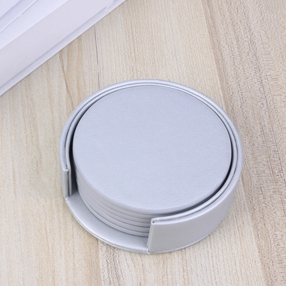 PU Leather Coasters Heat Resistant Cup Mats with Holder Round Placemat for Home Restaurant Cafe (Silver)