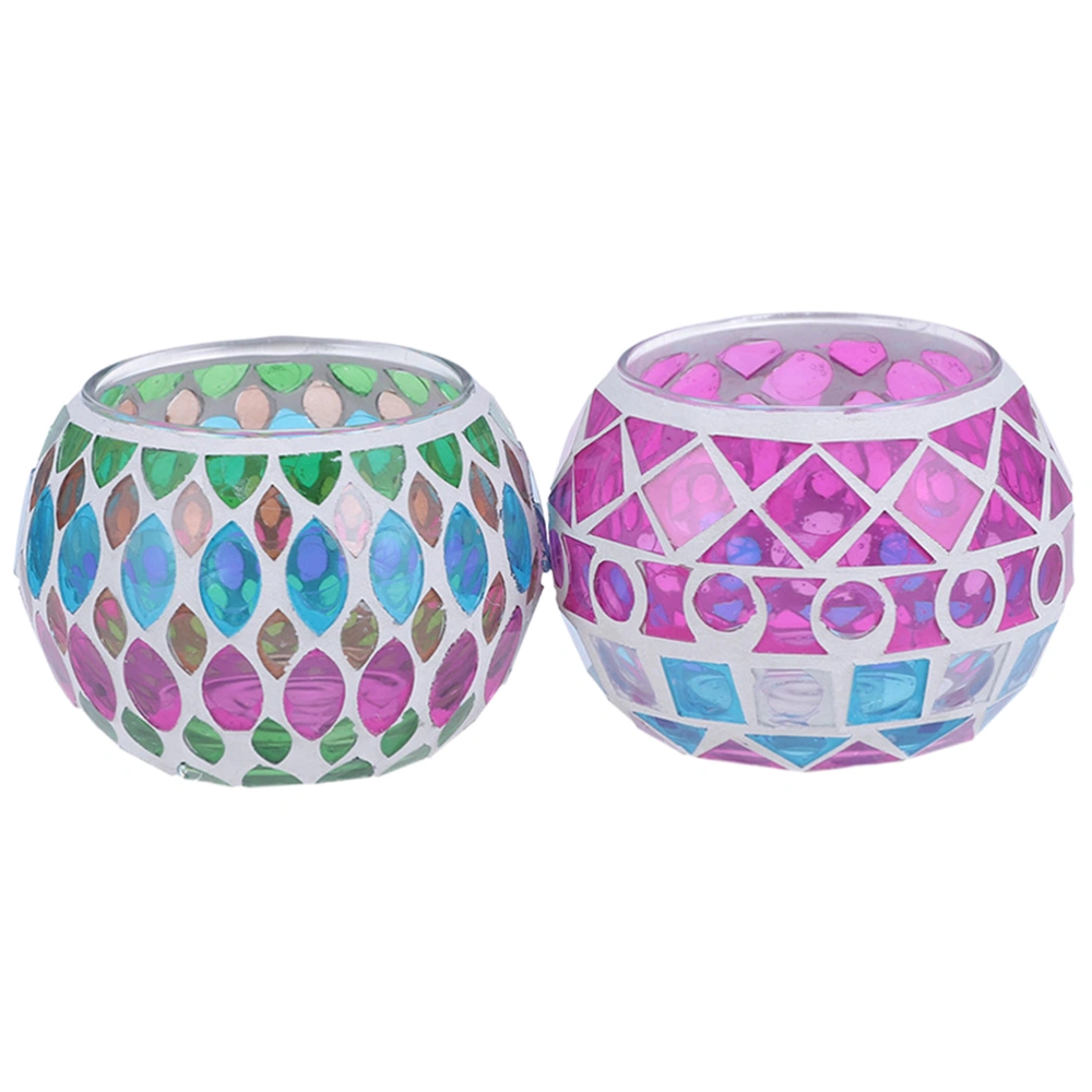 2pcs Mosaic Candle Holder Retro Round Glass Candlestick Tealight Holder Ornaments (Rhombus Dots and Colorful Salix Leaf)