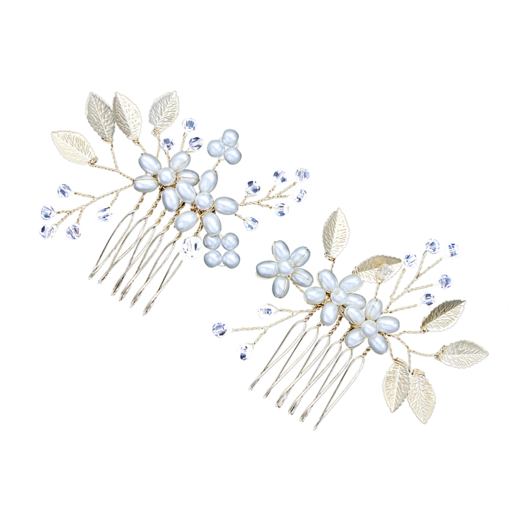 2PCS Alloy Leaf Pearl Flower Hair Comb Wedding Crystal Beads Hairpin Bridal Insert Comb Jewelry for Women Decoration (Golden)