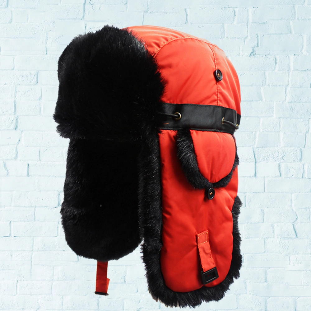 Outdoor Lei Feng Hat Adjustable Winter Trooper Hat Unisex Ear Flap for Cycling Skiing (Orange with Random Faux Fur Color)