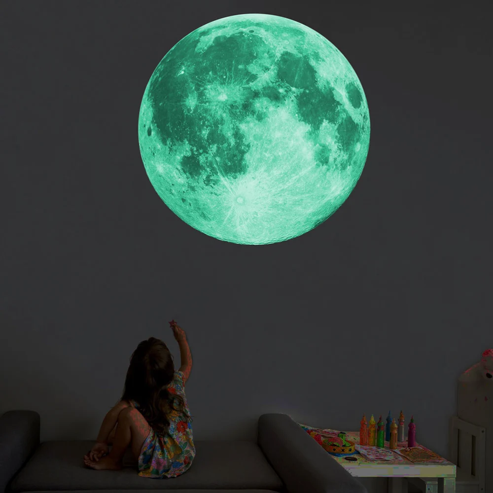 1PC Creative Luminous Moon Wallpaper Home Wall Decal Removable Background Wall Sticker for Living Room Bedroom Kids Room (Green, 30x30cm)