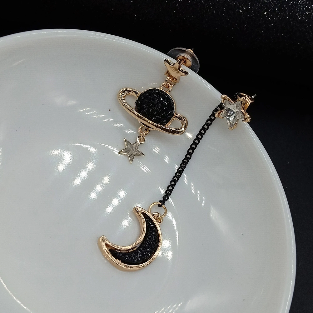 Alloy Moon Saturn Earrings Asymmetric Simple Chain Stud Charm Dangle Earrings for Women and Girls