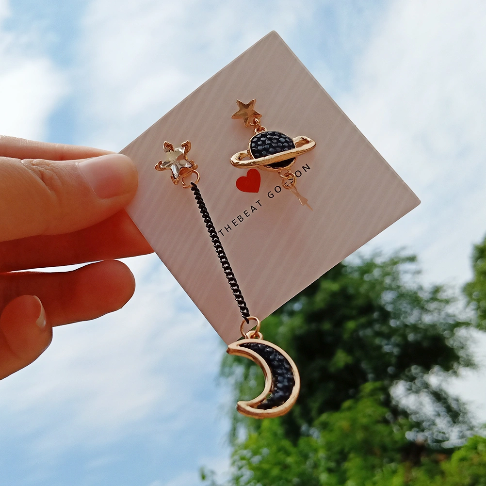 Alloy Moon Saturn Earrings Asymmetric Simple Chain Stud Charm Dangle Earrings for Women and Girls