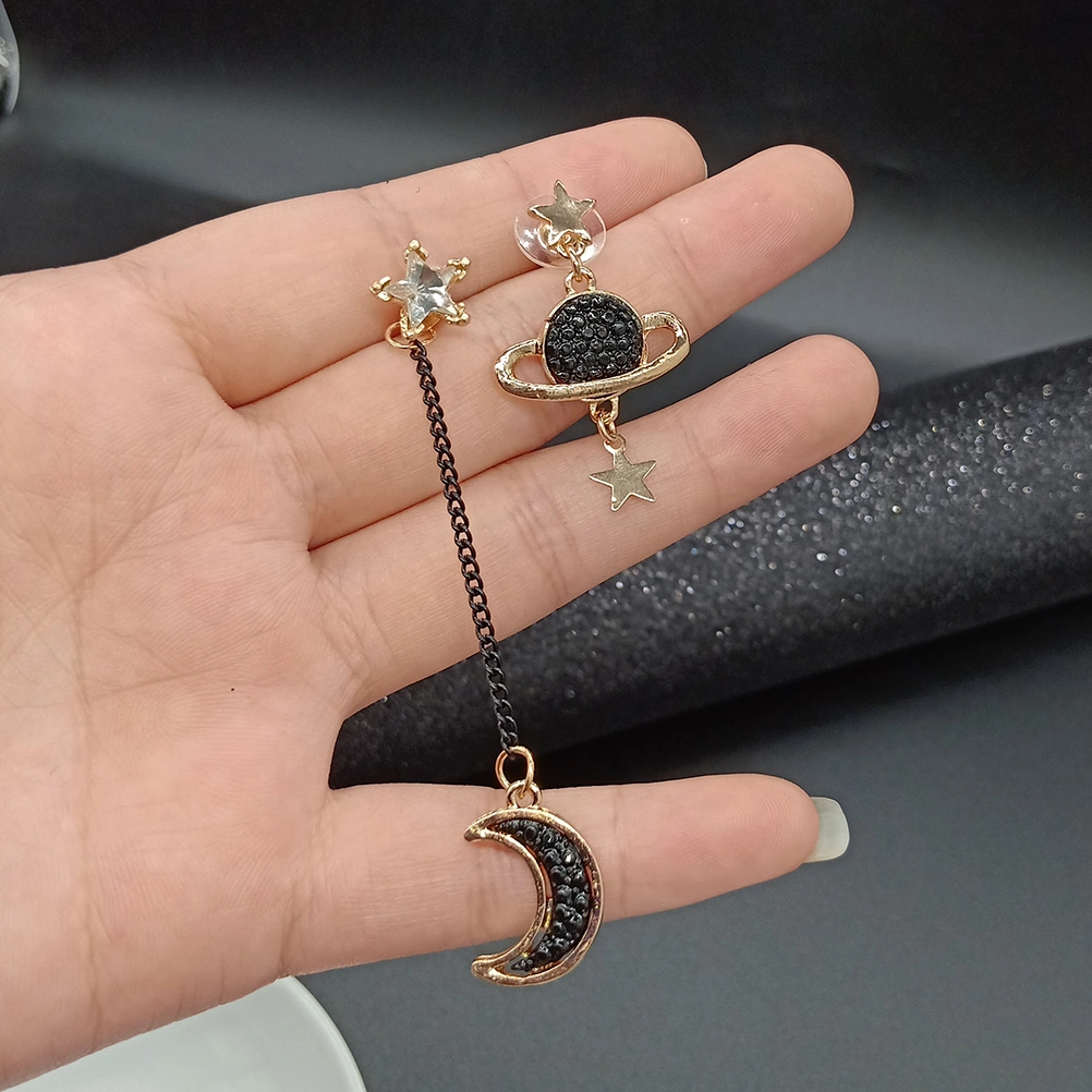Alloy Moon Saturn Earrings Asymmetric Simple Chain Stud Charm Dangle Earrings for Women and Girls