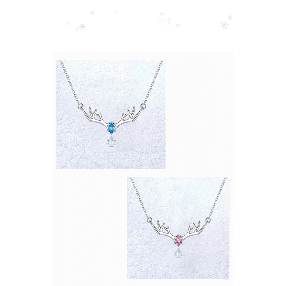 Delicate Attractive Pure Silver Elk Antler Crystal Necklace for Women Wearing Blue Diamond White Golden