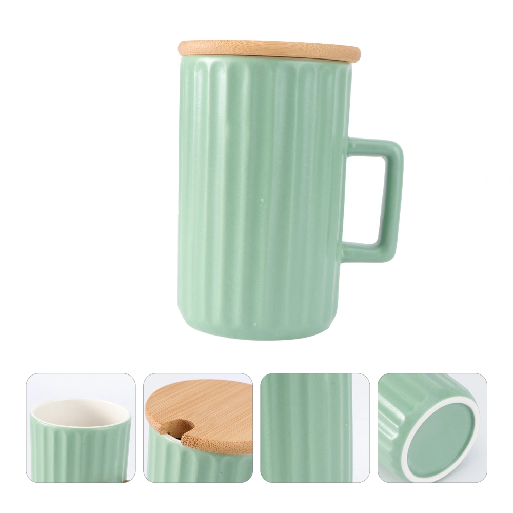 1pc Household Ceramic Mug Coffee Cup Drinking Cup Wood Lid Cactus Shape Design for Friends Family Co-worker (Dark Green Common Handle + Lid + Spoon 270ml)