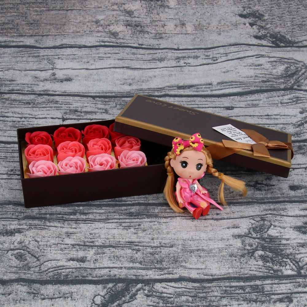 12 Scented Rose Flower Bath Soap Gift Box with Doll for Birthday / Wedding / Valentine's Day (Red)