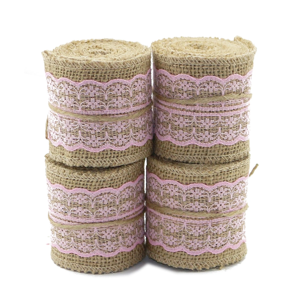 4pcs 2M*6CM Burlap Pink Lace Craft Ribbon for Craft Wedding Home Decor (Pink)