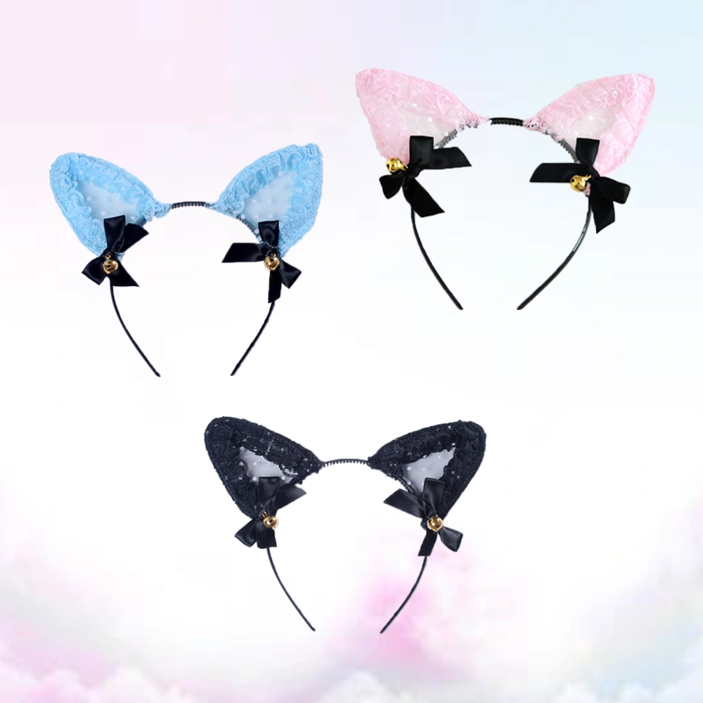 3PCS Lace Cat Ear Shaped Headband Sexy Cosplay Hair Decorative Hair Accessories with Small Bells for Costume Party Couple Blue Black Pink