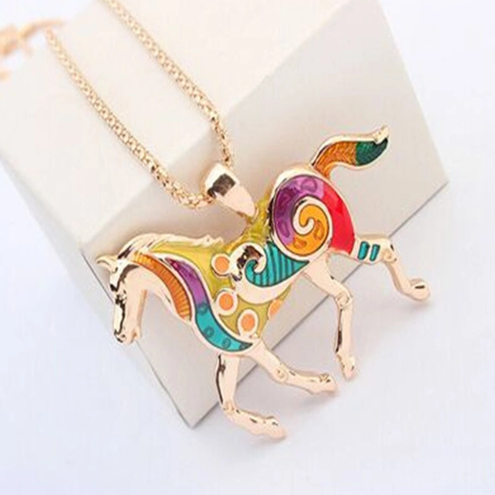 Colorful Horse Pendant Necklace Neck Chain with Dangling Earrings Set for Jewelry Decoration (Gold)