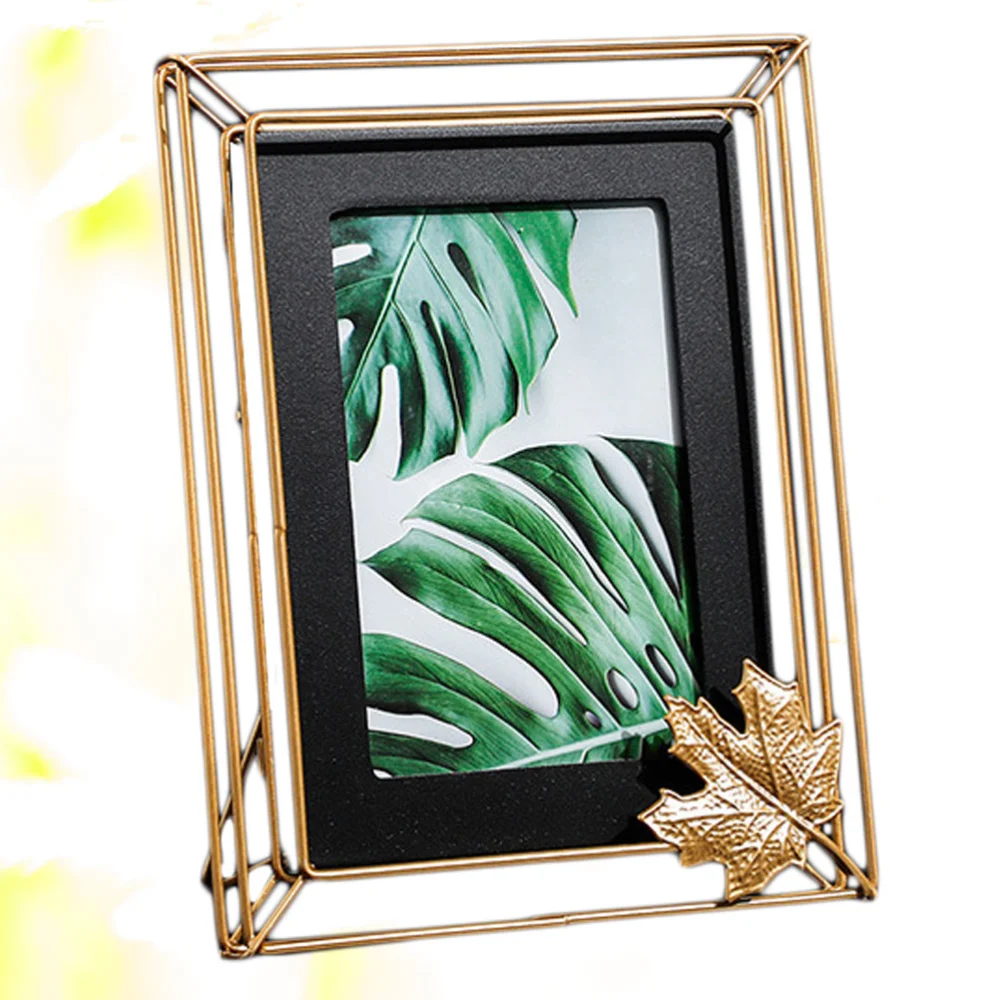 1Pc Small Size Black Wrought Iron Glass Picture Frame Modern Creative Photo Frame Unique Desktop Decoration for Office Home (Golden,Black)