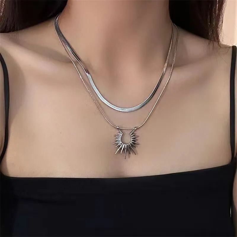 American Double Layer Twin Sun Pendant Snake Bones Chain Necklace Light Luxury Minority Advanced Design Sense