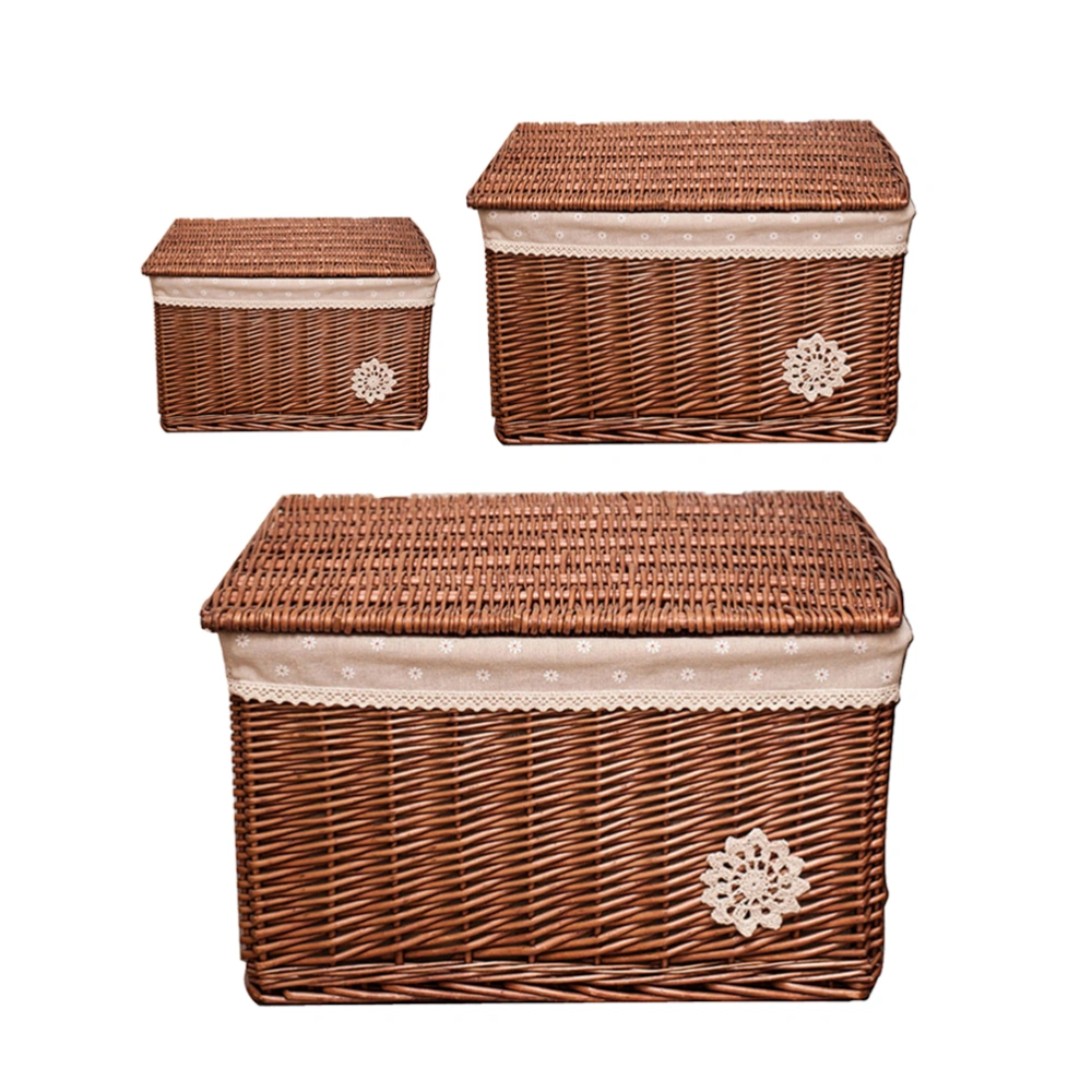 3PCS Per Set Wicker Basket with Cover Rattan Woven Basket Cosmetic Storage Box for Bedroom Living Room Desk Use