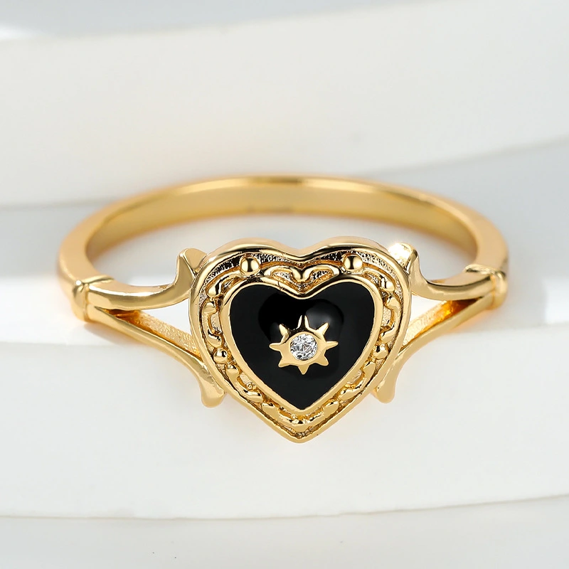 Fashion Gothic Black Enamel Heart Drop Ring