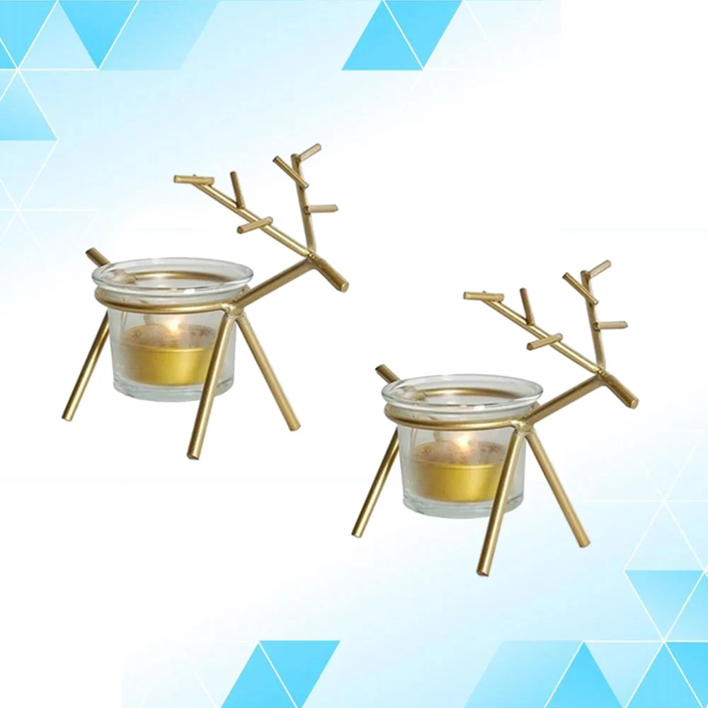 2 Pcs Reindeer Tea Light Holder Iron Art Candlestick and Transparent Cup Christmas Table Candle Holder Tea Light Stand(Golden)