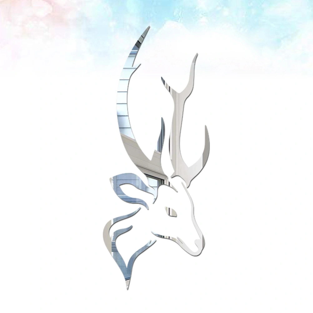 Deer Head DIY Mirror Wall Sticker Acrylic Crystal Mirror Sticker Wall Decal for Home Living Room Bedroom Bathroom (Silver)