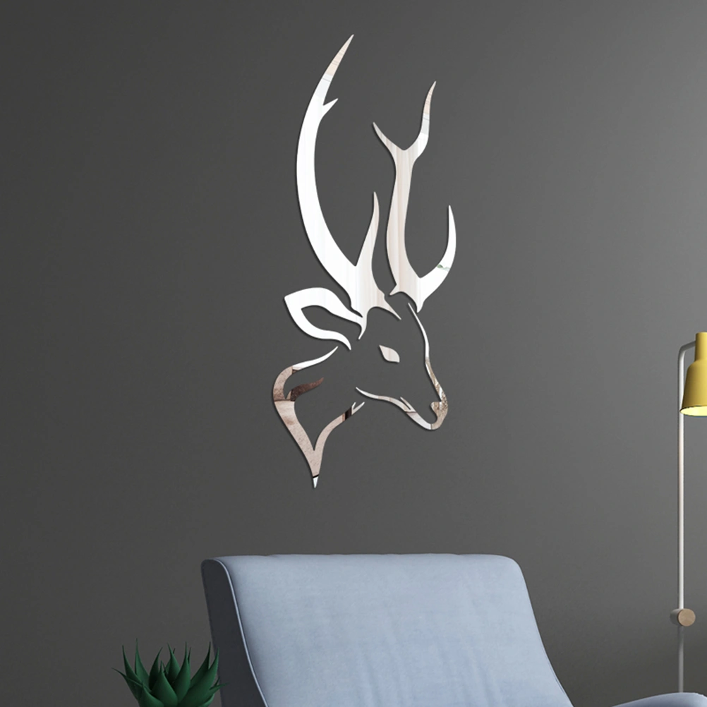 Deer Head DIY Mirror Wall Sticker Acrylic Crystal Mirror Sticker Wall Decal for Home Living Room Bedroom Bathroom (Silver)