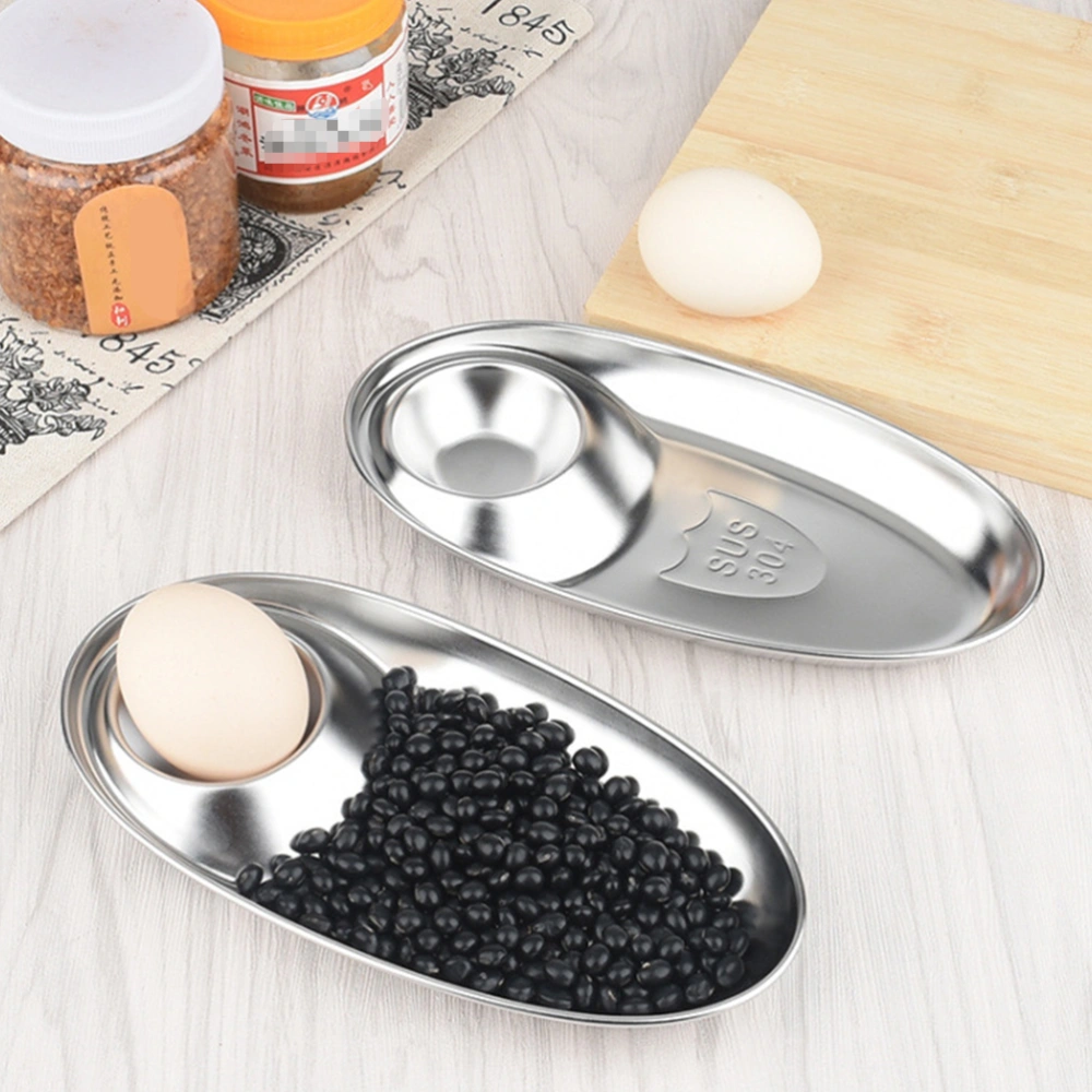 1PC Stainless Steel Sauce Dish Double Compartments Seasoning Dish Chilli Sauce Appetizer Plate (Oval, Size L)