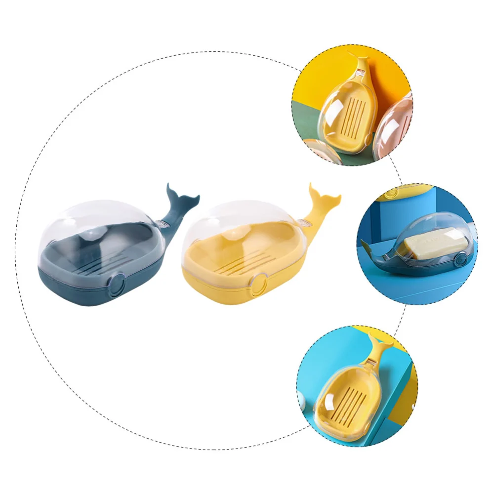 2PCS Creative Whale Drain Soap Box Transpparent Lid Soap Tray (Yellow+Blue)