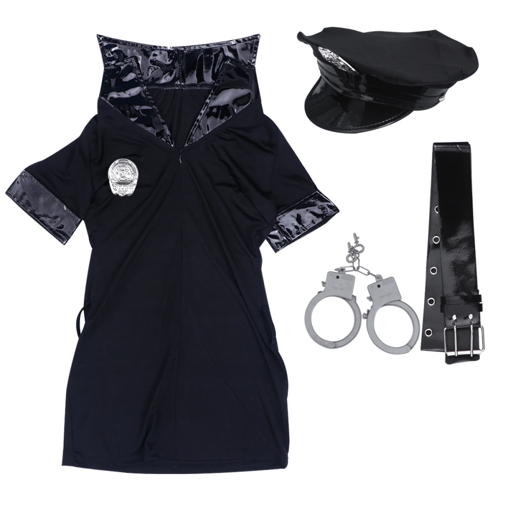 5pcs in 1 Set Sexy Uniform Cop Policewoman Cosplay Costume Kit Woman Stage Performance Outfit Short Sleeves Dress Handcuffs Hat Badge Props Decorative Accessary for Role Play- Size XL