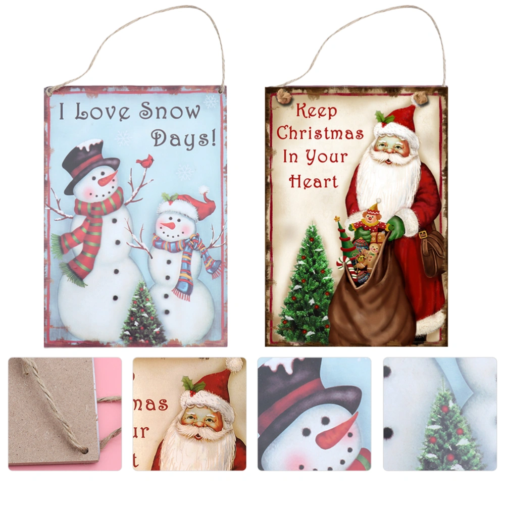 2 Pcs Christmas Wooden Hanging Plaque Santa Clause Snowman Door Wall Sign