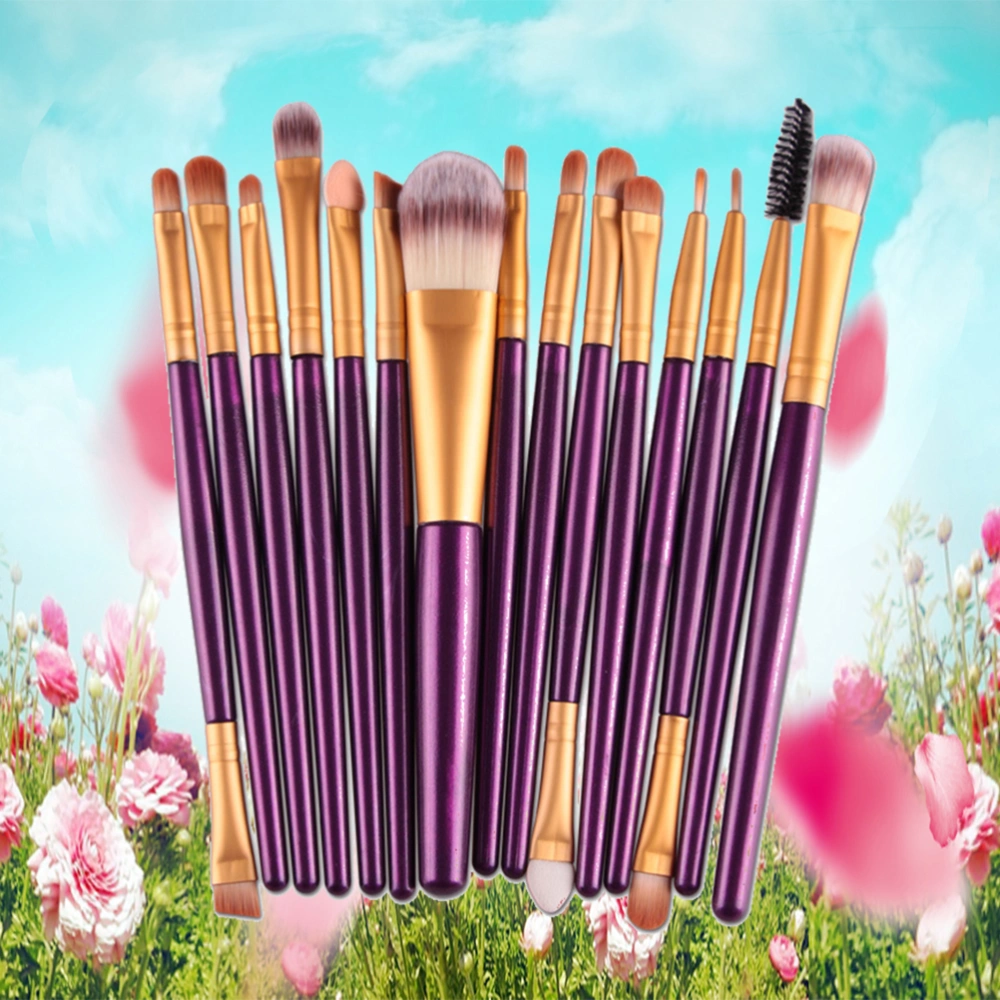 15pcs Plastic Handle Nylon Bristles Makeup Brush Cosmetics Powder Blush Brush Kit for Woman (Purple and Golden)