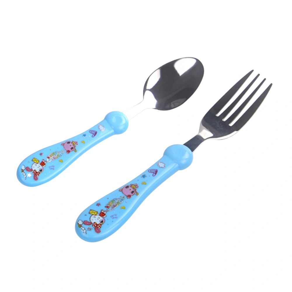 6 Pcs Children's Spoon and Fork Set Toddler Stainless Steel Flatware Tableware with Cartoon Handle (Blue, Random Handle Pattern)