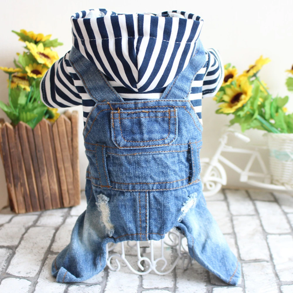 1PC Stripe Hooded Pet Clothes Dog Jumpsuits Durable Jean Suspender Costume for Outdoor Size XXL