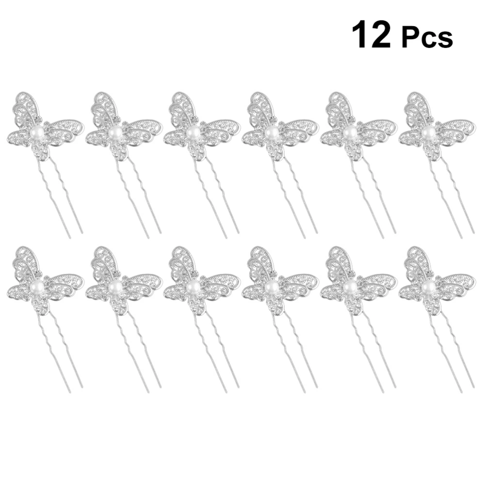 12pcs Retro Butterly Hairpin Manmade Pearl Inlaid U-shaped Hair Stick Headdress for Lady (White)